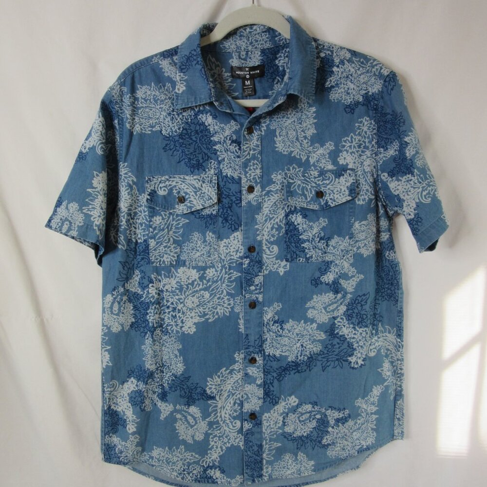 Houston White Shirt Short Sleeve Floral Button Down Blue White Size Medium NWT
